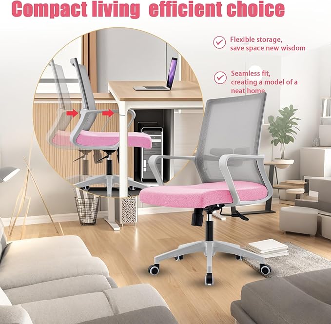 Office Chair ergonomically Designed with Breathable mesh backrest and Lumbar Support Adjustable Height Suitable for Offices Homes bedrooms Study Rooms (Pink)