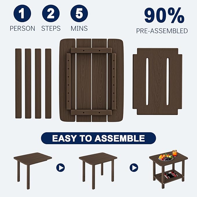 Folding Adirondack Chair 3-Piece Set - 38" Extra Tall Back & Embossed Wood Grain, Oversized HDPE Patio Furniture with Side Table & Cup Holders, 380lb Heavy Duty,Coffee