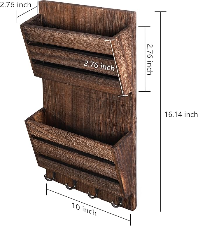 MOOACE Mail Organizer Wall Mount with Key Hooks, 2-Slot Wood Mail and Key Holder, Wall File Organizer Office Letter Folder Accessories Organizer Home Farmhouse Decor