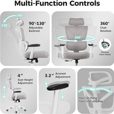 Ergonomic Office Chair High Back Desk Chair with Lumbar Support, Breathable Mesh Computer Chair with Adjustable Armrests Height, Reclining Swivel Big and Tall Gaming Chair for Home Office(Gray)