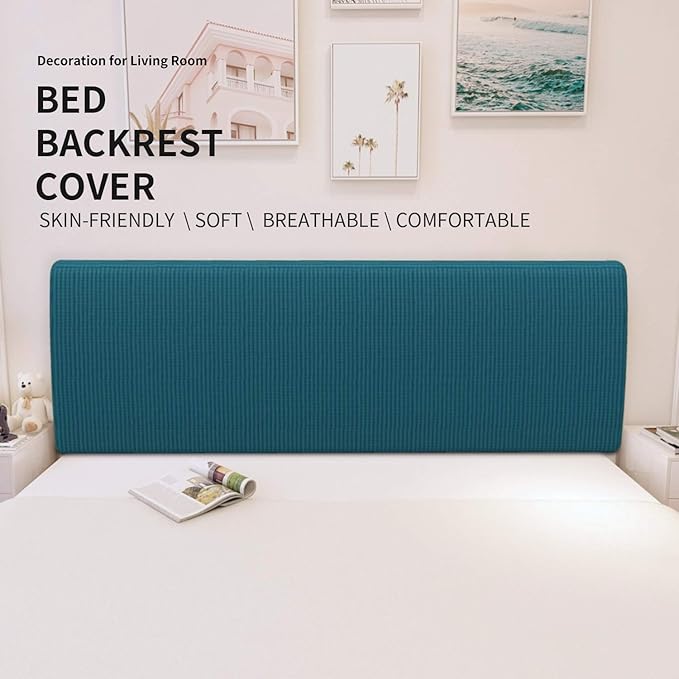 Easy-Going Stretch Bed Headboard Cover,Small Square Jacquard Headboard Slipcover, Dustproof Bed Head Cover for Bedroom (King,Peacock Blue)