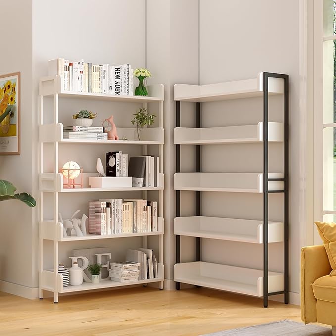 Wide Open Shelf Bookcase - Modern 5-Tier Floor Standing Display Bookshelf with Three-Side Baffles and Metal Frame for Home and Office, Storage Shelving, Warm White