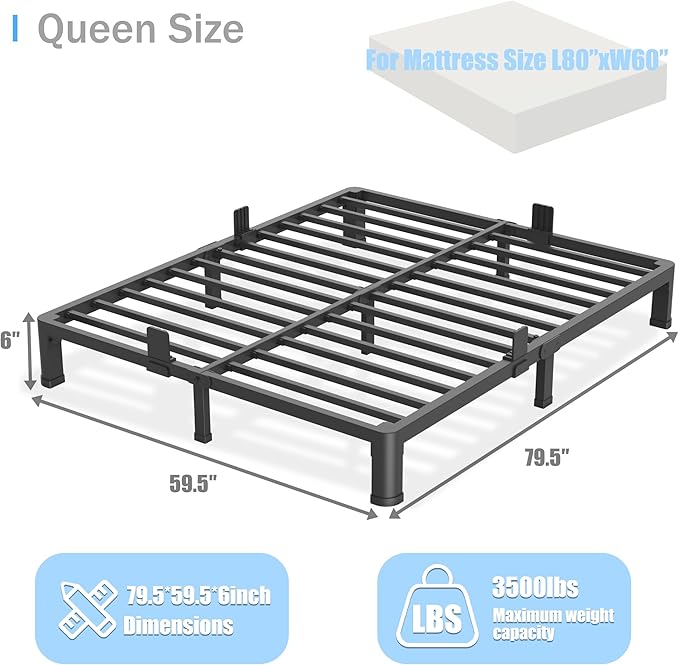 6 inch Queen Bed Frame with Round Corner Legs Mattress Slide Stopper,Low Profile Heavy Duty Metal Platform,Steel Slats Support,No Box Spring Needed,Easy Assembly,Noise Free