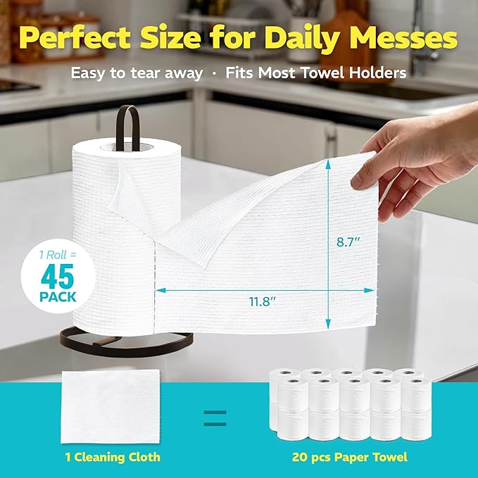 Plant-Based Reusable Cleaning Cloth Rolls, Household Hand Wipes, Ultra Absorbent, Scratch Free, Lint Free, Washable Paper Towels for Home, 45 Sheets per Roll, 2-Roll Pack, 8.6 X 11.8 Inches
