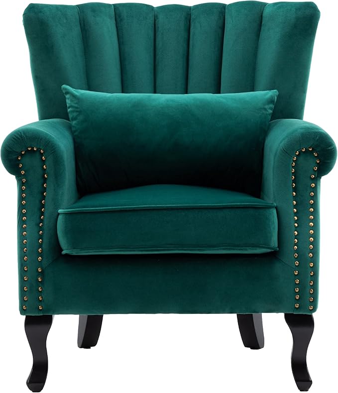 Mid Century Accent Chair Modern Tufted Wingback Armchairs Club Chair Velvet Fabric Single Sofa Lounge Chair with Pillow for Living Room, Green