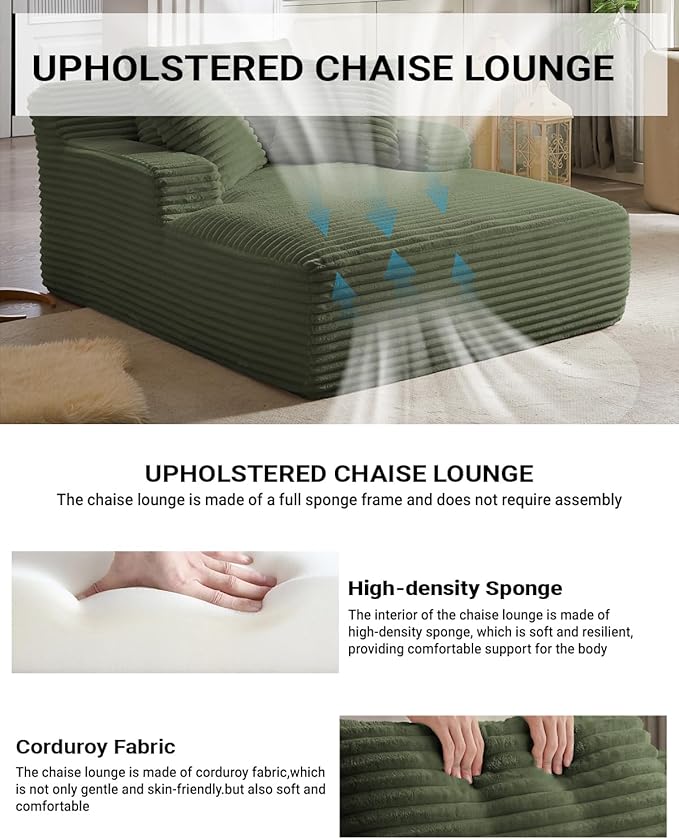 50 Inch Oversized Chaise Lounge Chair Indoor, Corduroy Upholstered Boneless Sofa Bed, Deep Seat Sleeper Couch Reading Chairs, Cloud Sofas Couches for Living Room, No Assembly Required, Olive Green