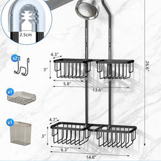 Adjustable Shower Caddy Hanging for Handheld Showerheads - Never Rust Shower Hanging Organizer, Upgraded Bathroom Shower Rack with Soap Basket, Hooks and Toothbrush Holder (Black)