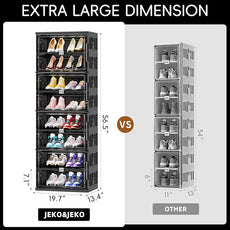 JEKO&JEKO 8 Tiers 16 Pairs Portable Shoe Organizer Storage Boxes with Magnetic Door, Folding X-Large Shoe Rack Free-Standing for Closet Entryway, Sneaker Storage Cabinet Fits US Size 12 (Black)