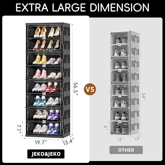 JEKO&JEKO 8 Tiers 16 Pairs Portable Shoe Organizer Storage Boxes with Magnetic Door, Folding X-Large Shoe Rack Free-Standing for Closet Entryway, Sneaker Storage Cabinet Fits US Size 12 (Black)
