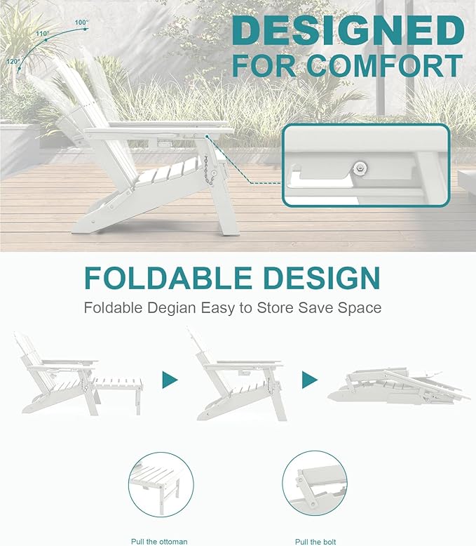FOOWIN Adjustable Adirondack Chair with Retractable Ottoman Set of 8, Folding Adirondack Chair with Cup Holder, HDPE All-Weather Fire Pit Chair for Patio, Yard, Poolside,White