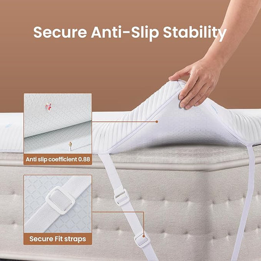 OhGeni Firm Feel Queen Size Cooling Gel Memory Foam Mattress Topper Pad, Washable Bed Cover with Anti-Slip Base &Zipper,Fits 6"-19" Mattresses with Straps,Extra Comfort for Sleep & Back Pain Relief