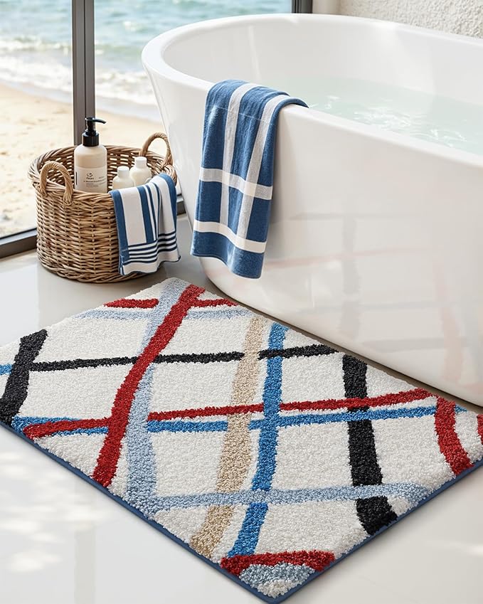 DEXI Striped Bath Mats for Bathroom 43x24, Washable Absorbent Bathroom Rugs with Non Slip Backing, Extra Soft Plush Microfiber Shower Rugs for Tub, Floor, Sink, Colorful