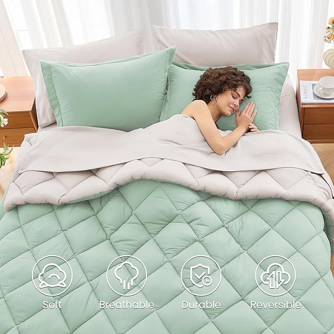 MUXHOMO 7 Pieces California King Comforter Set, Reversible Bed in a Bag Cal King Size, All Season Bedding Set with Comforter, Flat Sheet, Fitted Sheet, Pillowcases & Shams, Sage Green & Beige