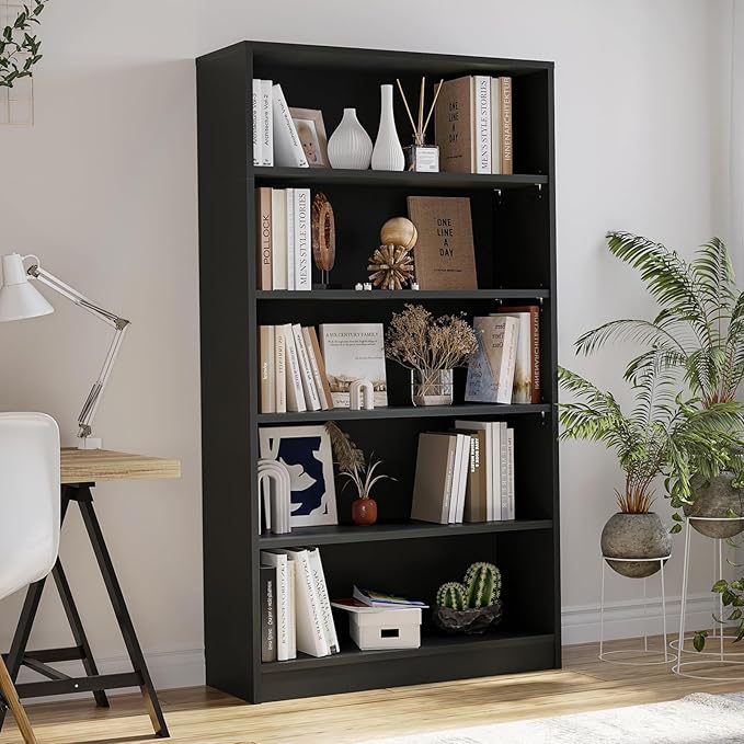 Farini 60 Inch Tall Bookcase,5 Shelf Bookshelves,Adjustable Bookshelf for Home Office,Black