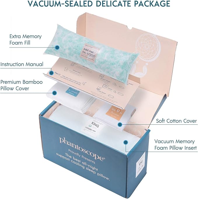 Phantoscope Memory Foam Pillow for Sleeping, Shredded Memory Foam Pillow Cooling Gel for Hot Sleepers, Adjustable Firm Bed Pillows with Bamboo Cover & Cotton Cover, King Size, 1 Pack, Gift Package