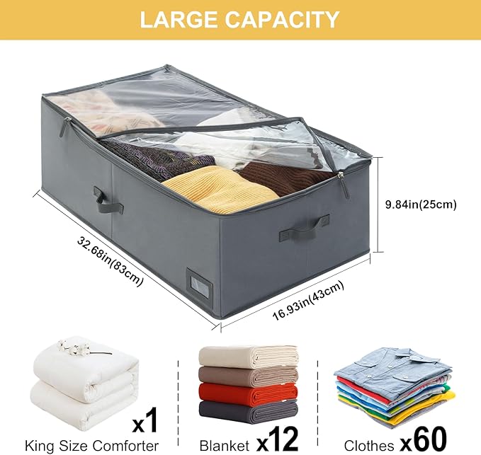 10-Inch Under Bed Storage Containers (2-Pack) | Sturdy Sidewalls | Clear Cover & Label Holder | Foldable Fabric Closet Bin Organizer | Stores Clothing/Blankets/Sweaters/Sheets