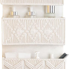 Over the Door Organizer Macrame Boho Nursery Storage with 4 Large Woven Pockets, Hanging Basket for Bathroom, Nursery & Closet Doors, Behind the Door Storage Organizer, Cream White