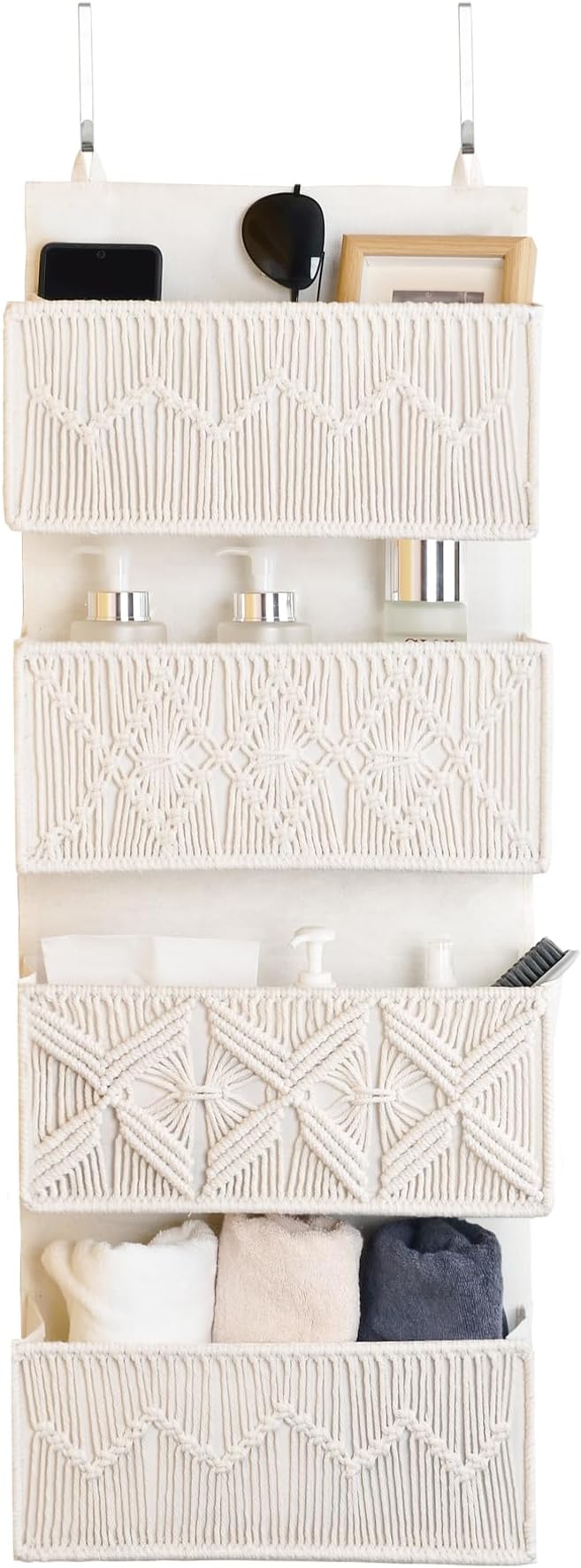 Over the Door Organizer Macrame Boho Nursery Storage with 4 Large Woven Pockets, Hanging Basket for Bathroom, Nursery & Closet Doors, Behind the Door Storage Organizer, Cream White
