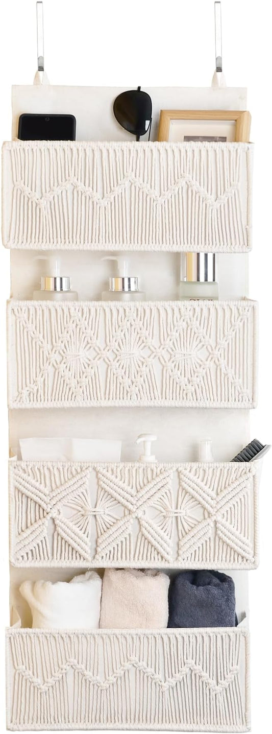 Over the Door Organizer Macrame Boho Nursery Storage with 4 Large Woven Pockets, Hanging Basket for Bathroom, Nursery & Closet Doors, Behind the Door Storage Organizer, Cream White
