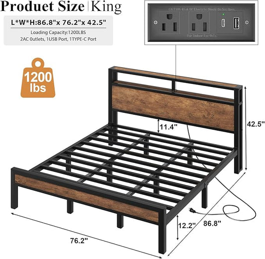 King Size Platform Bed with 2-Tier Storage Headboard, Metal Bed Frame with Charging Station & LED Light, Heavy Duty Metal Slats, No Box Spring Need, Noise Free, Rustic Brown