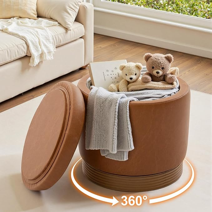 Round Storage Ottoman,Swivel Vanity Stool-Smooth Faux Leather Foot Rest,Footstool Pouf with Sturdy Acacia Wood Frame(500lbs),Small Coffee Table & Hidden Storage Ottoman for Living Room
