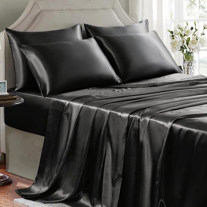 Satin Sheets Queen Size - 6 Pieces Luxury Silky Soft Bed Sheets, Wrinkle-Free Black Satin Silk Sheet Set with 1 Deep Pocket Fitted Sheet, 1 Flat Sheet, 4 Pillow Cases