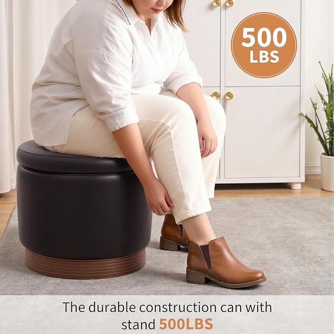 Round Storage Ottoman,Swivel Vanity Stool-Smooth Faux Leather Foot Rest,Footstool Pouf with Sturdy Acacia Wood Frame(500lbs),Small Coffee Table & Hidden Storage Ottoman for Living Room