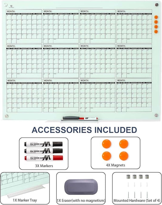 TSJ OFFICE Glass Calendar Whiteboard - 48 x 36 Inches Wall Mounted Dry Erase Yearly Planner for Wall, Large Magnetic Glass White Board for Office, Home & School