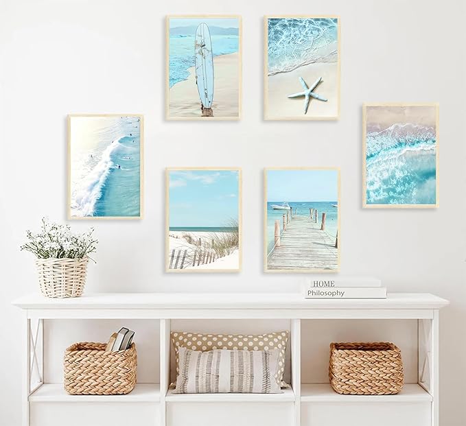 6Pcs Blue Seascape Beach Wall Art Summer Tropical Ocean Coastal Canvas Wall Decor Starfish Bridge Boat Surfboard Painting Prints Surfers Pictures Trendy College Preppy Dorm Posters Unframed