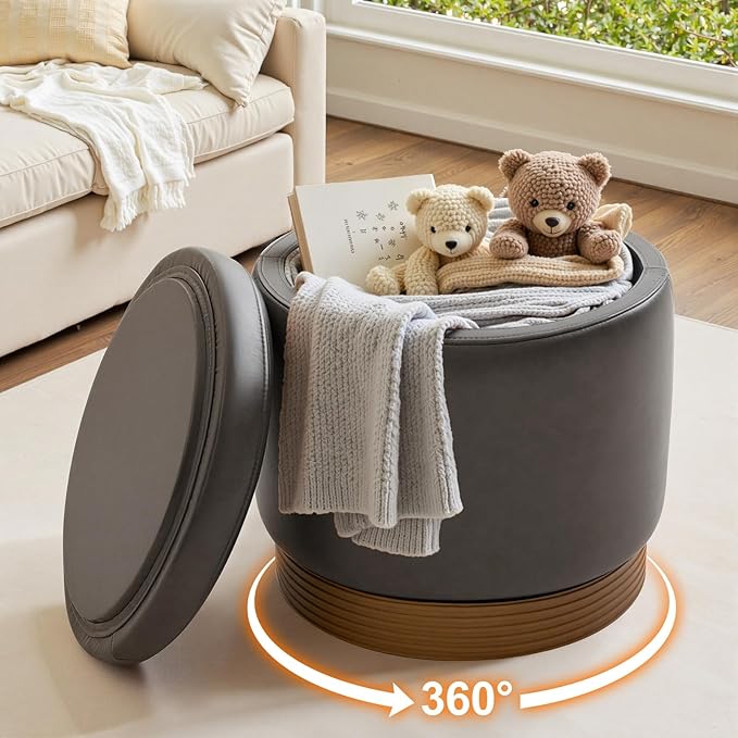 Round Storage Ottoman,Swivel Vanity Stool-Smooth Faux Leather Foot Rest,Footstool Pouf with Sturdy Acacia Wood Frame(500lbs),Small Coffee Table & Hidden Storage Ottoman for Living Room