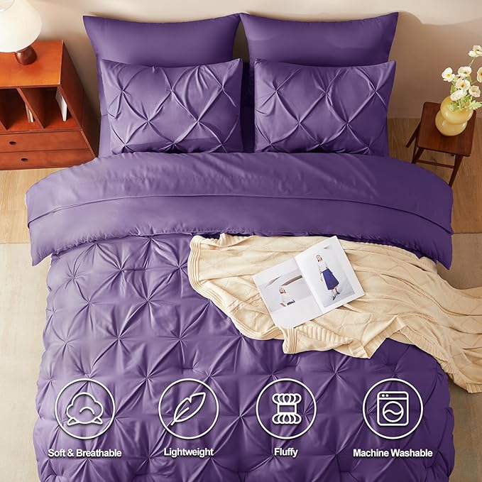 CozyLux King Size Comforter Set Purple, 7 Pieces Pintuck Bed in A Bag Purple Comforter King Size, Pinch Pleat Bedding Set with All Season Comforter, Sheets, Pillowcases & Shams