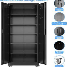 SUXXAN Metal Garage Storage Cabinet with Wheels and Pegboard, 71'' x 34'' x 18'' Lockable Rolling Steel Cabinet with 5 Adjustable Shelves and Door for Garage, Office, Kitchen, Assembly Required
