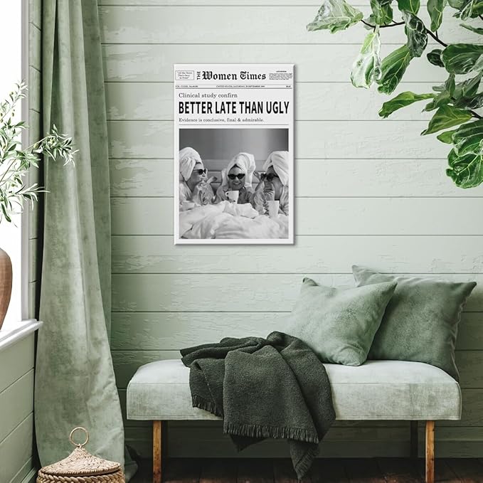 Vintage Women Times Black and White Newspaper Wall Art Better Late Than Ugly Poster Canvas Prints Funky Feminist Posters Trendy College Wall Decor for Bar Cart Girl Dorm Room 24x36inch Framed