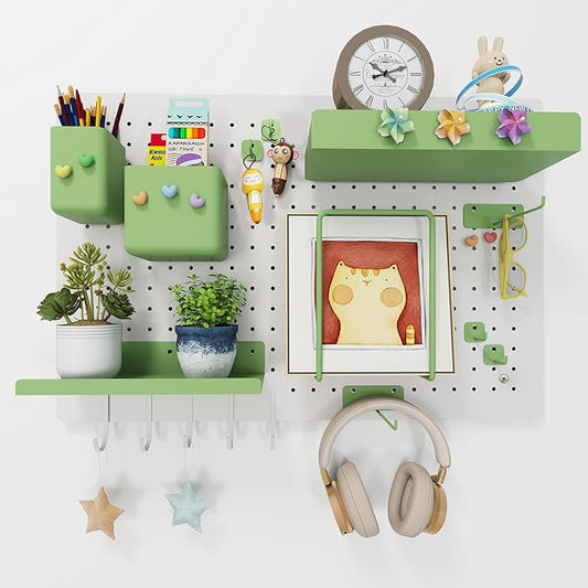 Metal Pegboard Kit — Carbon Steel Pegboards with 26 Accessories, Pegboard Wall Organizer for Home, Office, Study Room, Kitchen, Craft Room & Gaming Setup— 24″ × 16″ White Peg Board