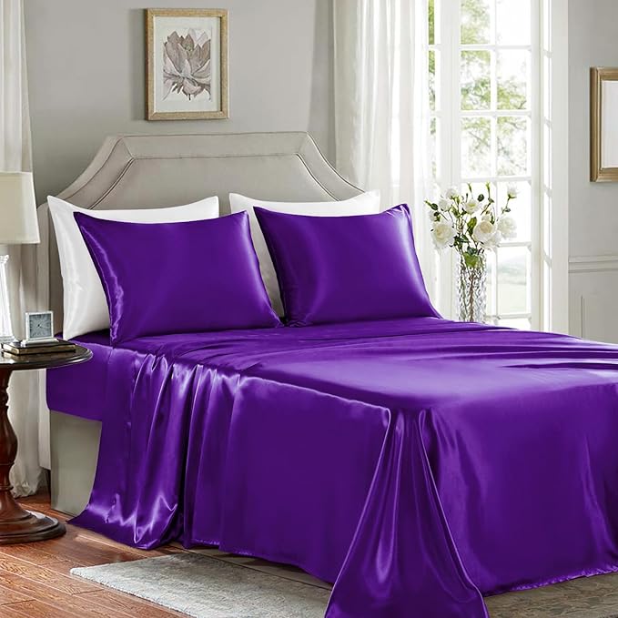 Satin Sheets King Size - 4 Pieces Luxury Silky Soft Bed Sheets, Wrinkle-Free Dark Purple Satin Silk Sheet Set with 1 Deep Pocket Fitted Sheet, 1 Flat Sheet, 2 Pillow Cases