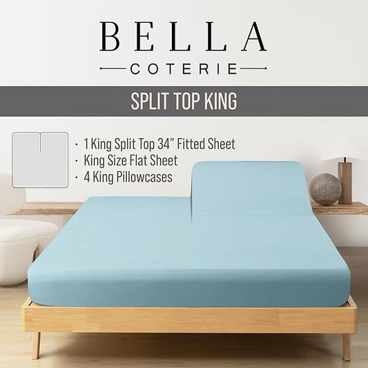 Bella Coterie 6 Piece Luxury Bamboo Viscose Split Top King Size Sheet Set | 34" Split for Adjustable Beds | 100% Organically Grown| Cooling | 18” Deep Pocket | 4 Pillowcases [Coastal Blue]
