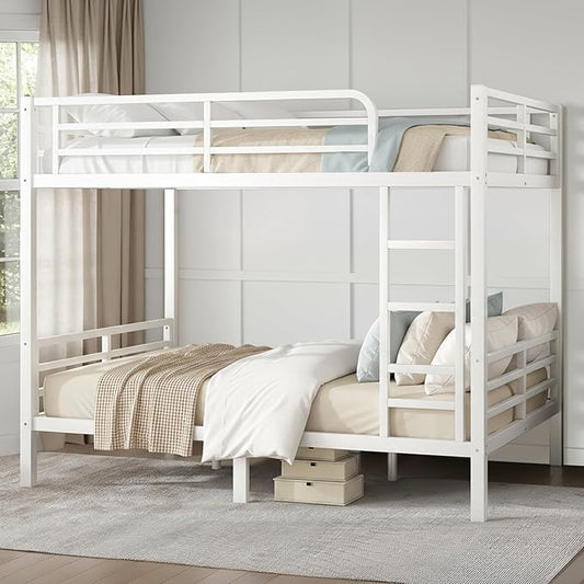 Twin XL Over Twin XL Bunk Bed, Metal Bunk Bed Frame Heavy Duty Bunk Beds Loft Bed Frame with Ladder and Guardrail Metal Slats No Box Spring Required for Adults Teens, White