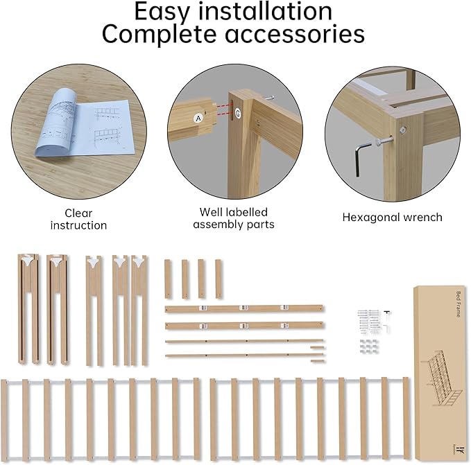 14 Inch Bamboo Bed Frame – Solid Wood Platform Bed Frame, Strong and Stable, with Non-Slip Slats for Support, No Box Spring Needed, Easy to Assemble, Noise-Free (Natural, Full)