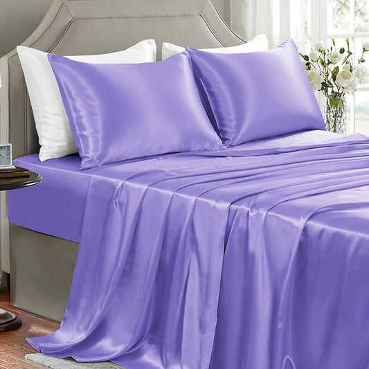 Satin Sheets Full Size - 4 Pieces Luxury Silky Soft Bed Sheets, Wrinkle-Free Lavender Satin Silk Sheet Set with 1 Deep Pocket Fitted Sheet, 1 Flat Sheet, 2 Pillow Cases