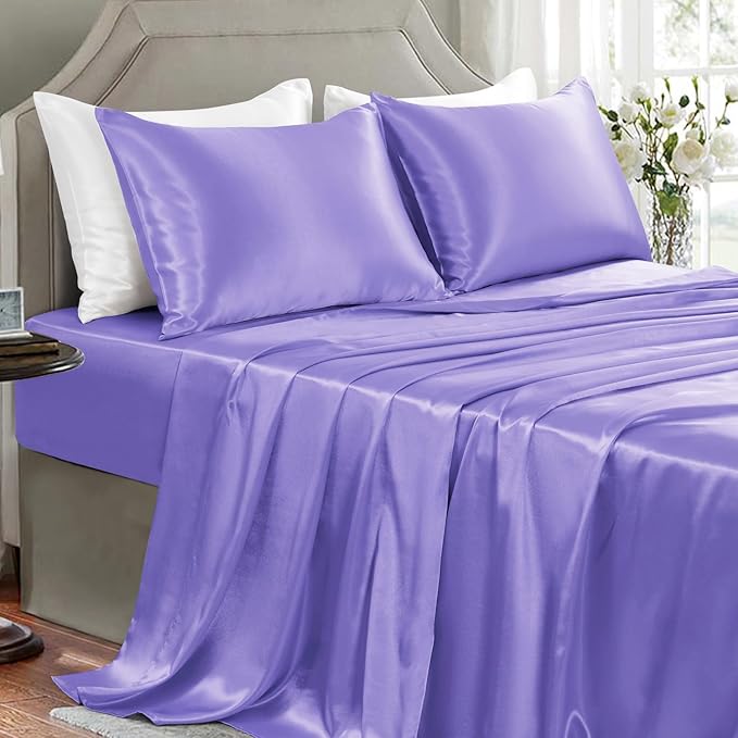 Satin Sheets Queen Size - 4 Pieces Luxury Silky Soft Bed Sheets, Wrinkle-Free Lavender Satin Silk Sheet Set with 1 Deep Pocket Fitted Sheet, 1 Flat Sheet, 2 Pillow Cases