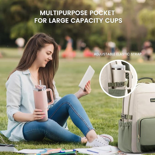 LOVEVOOK Laptop Backpack for Women with Pouch Pocket for Large Capacity Cup,18 Inch Laptop Computer Bag Travel Backpack Purse,Waterproof Work College Teacher Bags,White-Bean Green-Dark Olive Green