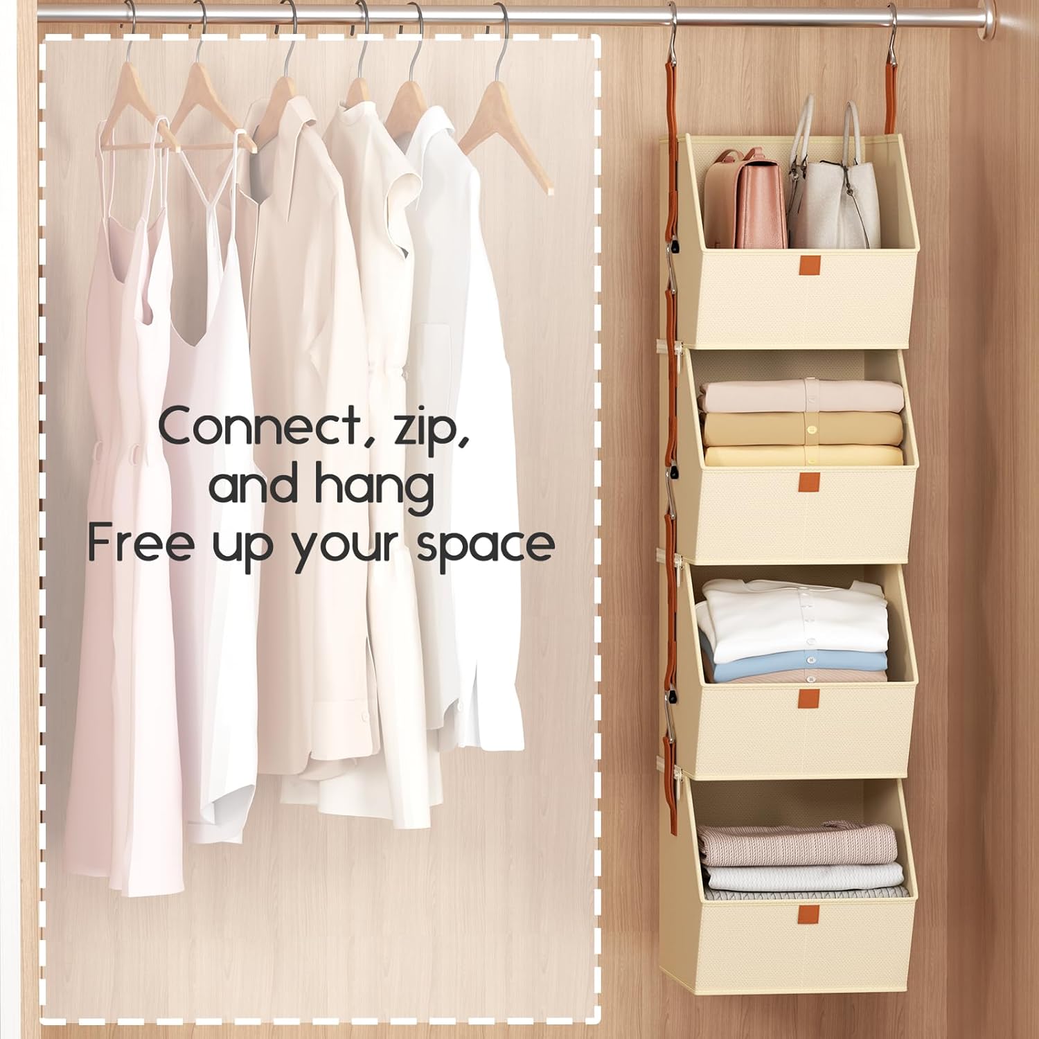 Homsorout Hanging Closet Organizer 4 Tier - Clothes Hanging Shelves, Space-Saving Closet System, Fabric Storage Bins Bedroom Organization, Collapsible Baskets for Home, Dorm, Rv, Beige Dormly
