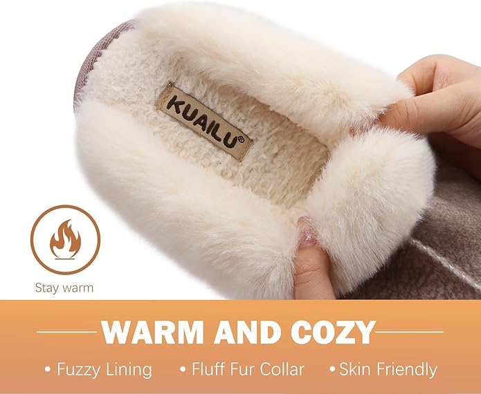 KuaiLu Womens Fluff Dual Memory Foam Slippers Ladies Cozy Arch Support Warm Scuff Slippers Slip on Comfy Winter House Shoes with Non-Slip Indoor Outdoor Hard Sole