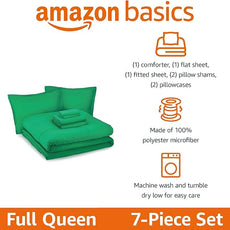 Amazon Basics 7 Piece Soft, All-Season Microfiber Kid's Bed-in-a-Bag Bedding Set, Full/Queen, Solid, Green