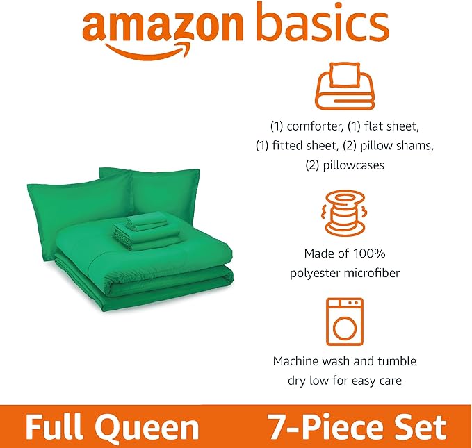 Amazon Basics 7 Piece Soft, All-Season Microfiber Kid's Bed-in-a-Bag Bedding Set, Full/Queen, Solid, Green