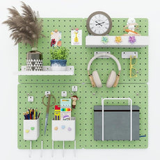 Metal Pegboard Combination Kit — 4 Carbon Steel Pegboards with 26 Accessories, Pegboard Wall Organizer for Home, Office, Study Room, Kitchen, Garage & Craft Room — 24″ × 24″ Green Peg Board