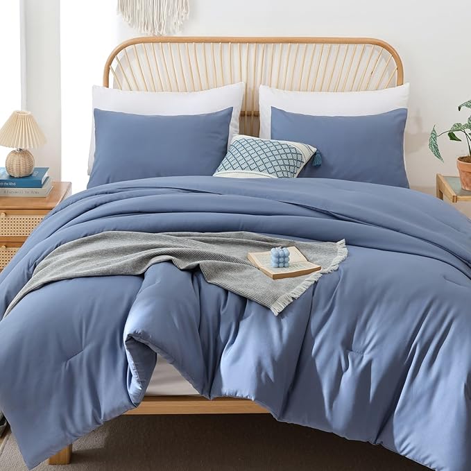 ROSGONIA California King Comforter Set Slate Blue, 3pcs (1 Boho Blue Cal King Comforter & 2 Pillowcases) All Season Lightweight Bedding Blanket Quilt