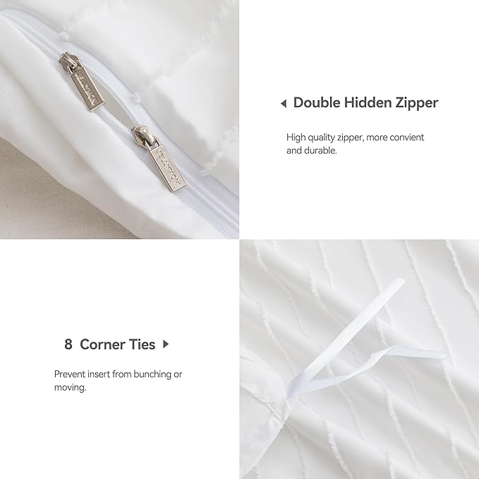JELLYMONI Duvet Cover Super Queen Size White - 3PCS Boho Striped Duvet Cover Set Polyester Tufted Bohemian Textured Comforter Cover 98×90in with Corner Ties & Zipper and 2 Pillowcases
