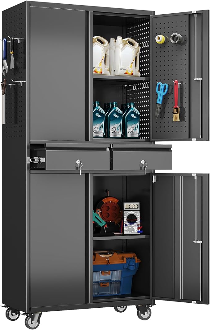 SUXXAN 71" Metal Garage Storage Cabinet with 8 Hooks and Pegboards,2 Drawer Rolling Tool Storage with Locking Doors and Adjustable Shelves,Heavy Duty Steel Tool Cabinet for Garage, Warehouse