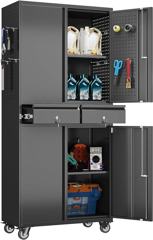 SUXXAN 71" Metal Garage Storage Cabinet with 8 Hooks and Pegboards,2 Drawer Rolling Tool Storage with Locking Doors and Adjustable Shelves,Heavy Duty Steel Tool Cabinet for Garage, Warehouse